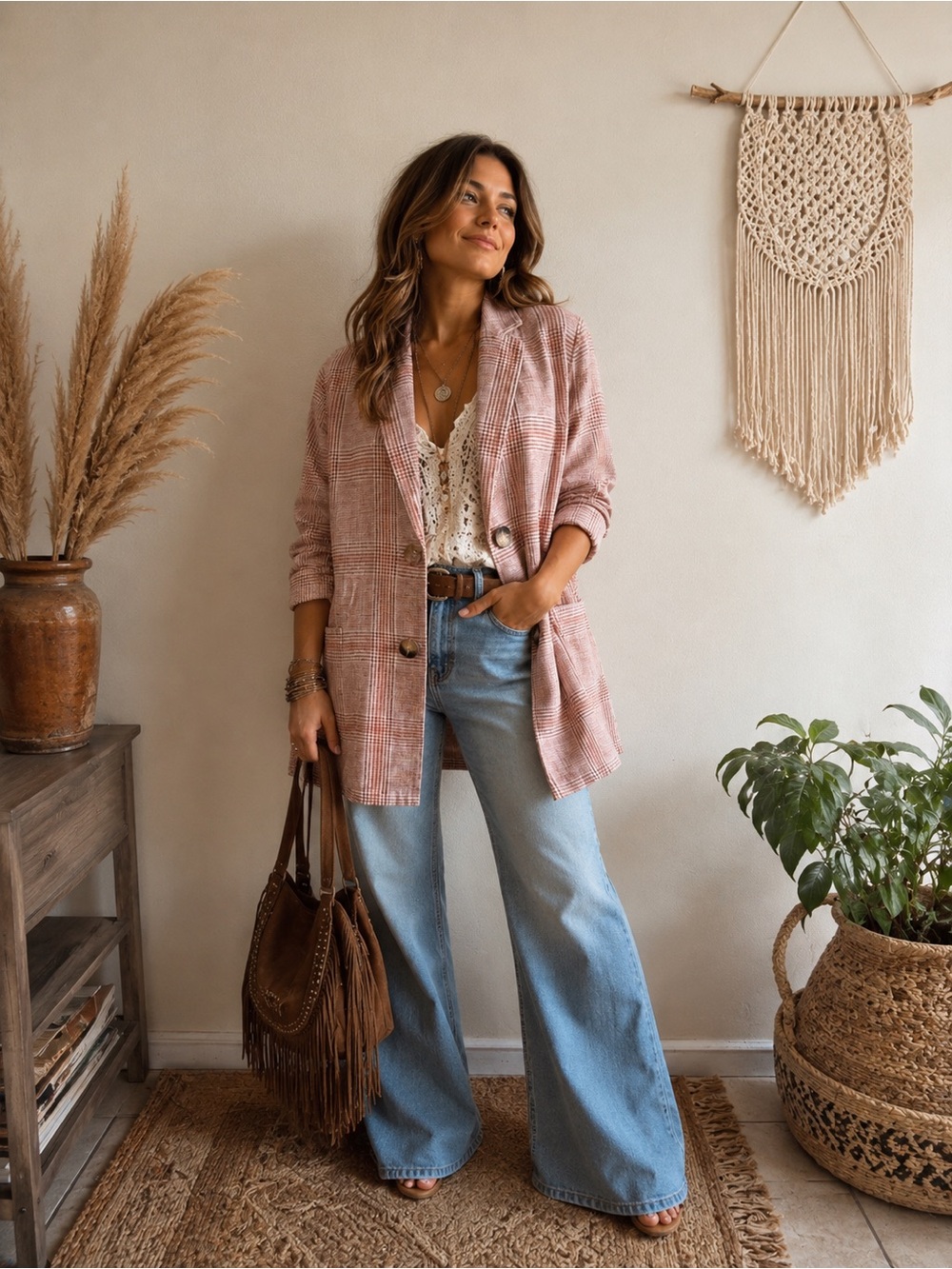 J. Jill Harper Brown/Pink Plaid Blazer